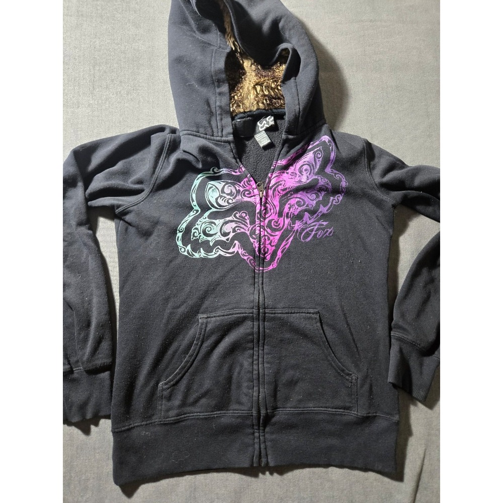 Fox Racing Hoodie Womens M Black Zip Up Faux Fur Hood Butterfly Graphic Y2K